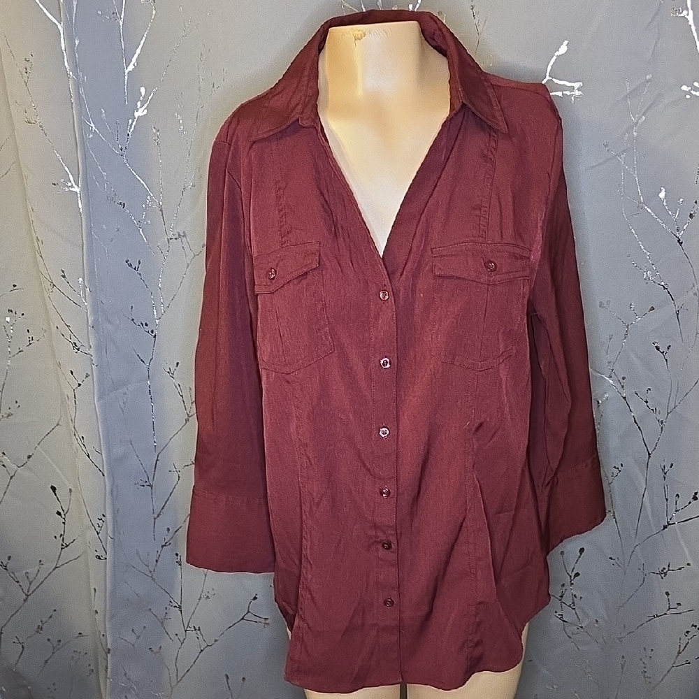 Cato Burgundy 3/4 Sleeve Button-Down Shirt